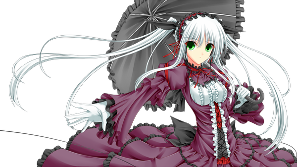 Anime picture 1280x720 with original shouyan single long hair looking at viewer wide image twintails green eyes white hair transparent background girl dress gloves frills umbrella