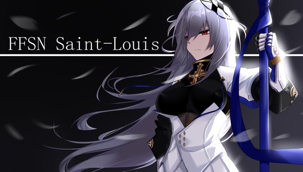Anime picture 1588x902 with azur lane saint-louis (azur lane) eternity (shadeh) single long hair fringe light erotic simple background hair between eyes red eyes wide image holding looking away grey hair character names floating hair black background covered nipples girl hair ornament