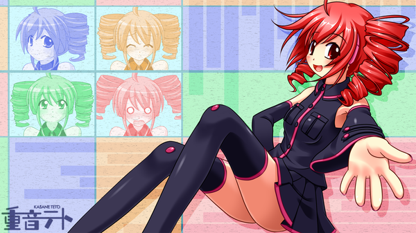 Anime picture 1920x1080 with utau kasane teto blush highres open mouth red eyes wide image red hair outstretched arm drill hair girl thighhighs detached sleeves