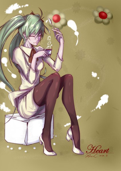 Anime picture 2480x3508 with vocaloid hatsune miku deathklovc single long hair tall image highres sitting twintails ahoge eyes closed green hair girl skirt flower (flowers) pantyhose shoes cup teacup spoon