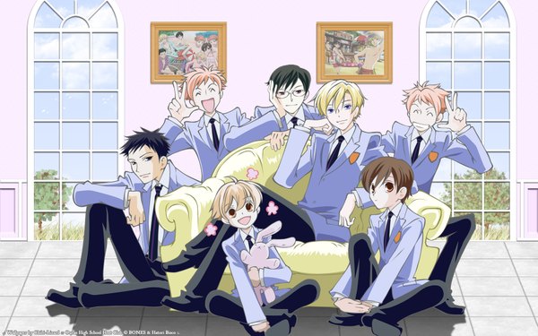 Anime picture 1680x1050 with ouran high school host club studio bones fujioka haruhi suou tamaki hitachiin kaoru hitachiin hikaru ootori kyouya haninozuka mitsukuni morinozuka takashi wide image twins