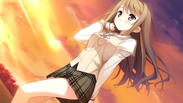 Anime picture 1920x1080 with your diary kantoku single long hair blush highres brown hair wide image brown eyes game cg sky cloud (clouds) girl skirt uniform school uniform