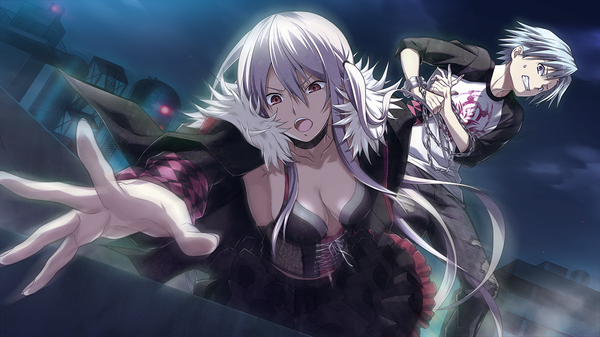 Anime picture 1280x720 with disorder 6 joe (disorder 6) shiina (disorder 6) long hair short hair open mouth red eyes wide image game cg silver hair white hair night girl dress boy jacket chain handcuffs