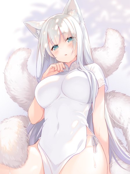 Anime picture 750x1006 with original kurasawa moko single long hair tall image looking at viewer blush fringe breasts blue eyes light erotic simple background large breasts white background sitting animal ears white hair tail traditional clothes head tilt