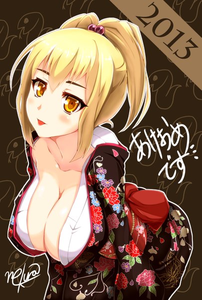 Anime picture 1181x1748 with original nekur single tall image looking at viewer blush short hair breasts light erotic blonde hair large breasts traditional clothes japanese clothes orange eyes girl kimono tongue