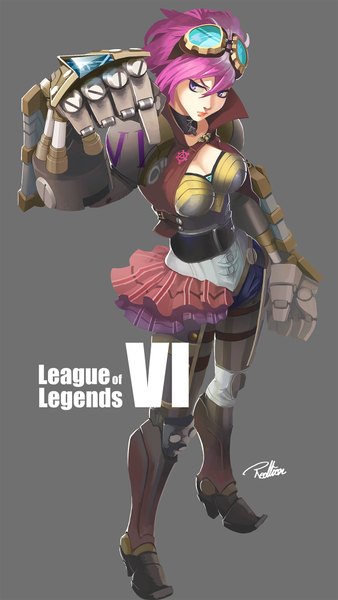 Anime picture 1126x2000 with league of legends vi (league of legends) redlion (artist) single tall image short hair simple background purple eyes pink hair grey background girl weapon armor goggles