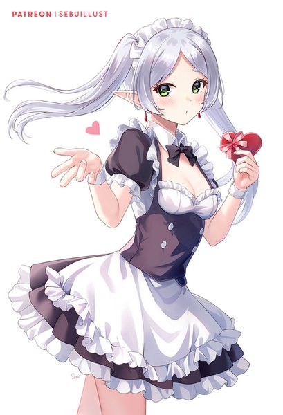 Anime picture 700x1026 with sousou no frieren frieren sebu illust single long hair tall image looking at viewer blush simple background white background twintails holding green eyes cleavage silver hair pointy ears maid elf valentine meme
