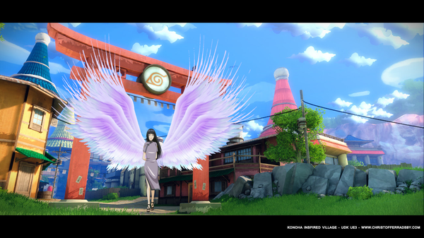 Anime picture 1300x731 with naruto studio pierrot naruto (series) hyuuga hinata christoffer radsby single long hair looking at viewer black hair wide image signed sky traditional clothes chinese clothes letterboxed hands behind back multiple wings girl wings chinese dress