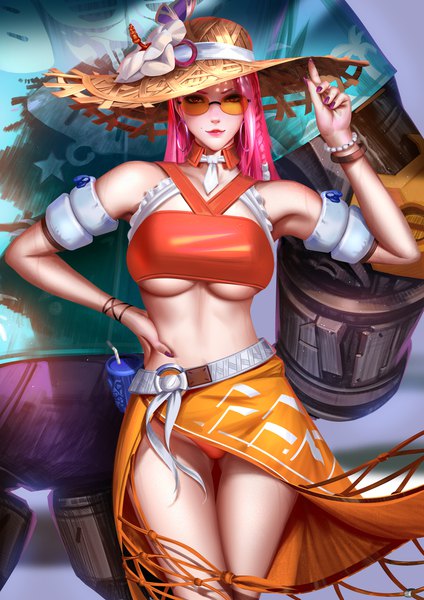 Anime-Bild 2828x4000 mit overwatch blizzard entertainment ashe (overwatch) bob (overwatch) liang xing long hair tall image looking at viewer fringe highres breasts light erotic red eyes large breasts standing pink hair nail polish arm up fingernails light smile