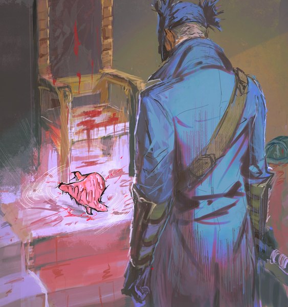 Anime picture 1300x1385 with bloodborne from software hunter (bloodborne) guri otoko single tall image short hair standing from behind boy hat belt blood chair