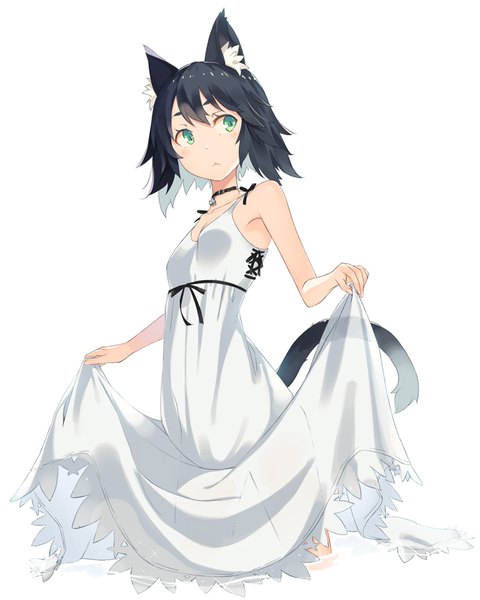 Anime picture 735x918 with original kimura (ykimu) single tall image fringe simple background standing white background bare shoulders holding green eyes animal ears looking away tail animal tail cat ears cat girl cat tail partially submerged bell collar