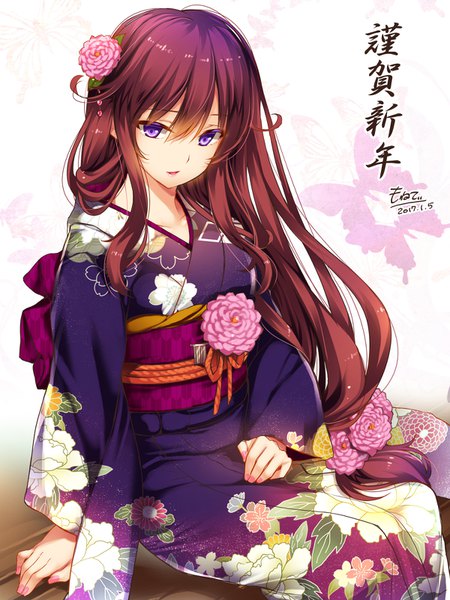 Anime picture 1200x1600 with flower knight girl dahlia (flower knight girl) moneti (daifuku) single long hair tall image looking at viewer fringe simple background smile hair between eyes brown hair sitting purple eyes signed long sleeves nail polish traditional clothes japanese clothes multicolored hair
