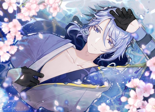 Anime picture 1800x1300 with genshin impact kamisato ayato ji yue single looking at viewer highres short hair blue eyes signed blue hair upper body light smile mole dutch angle depth of field partially submerged cherry blossoms dated hand on head mole under mouth