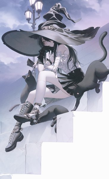 Anime picture 685x1123 with original wanke single long hair tall image fringe black hair sitting bare shoulders holding animal ears looking away sky cloud (clouds) full body bent knee (knees) outdoors parted lips pleated skirt cat ears