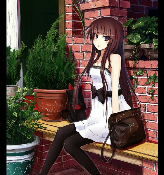 Anime picture 1035x1107 with original linsert (artist) long hair tall image looking at viewer fringe brown hair sitting purple eyes bare shoulders brick wall girl dress bow plant (plants) pantyhose white dress cat bag bench