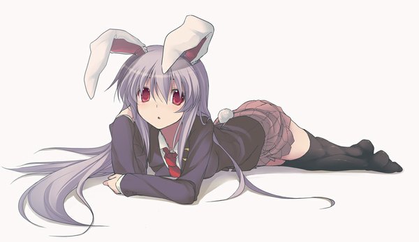 Anime picture 1000x579 with touhou reisen udongein inaba mzyk single long hair looking at viewer simple background red eyes wide image white background grey hair bunny ears girl thighhighs skirt black thighhighs miniskirt