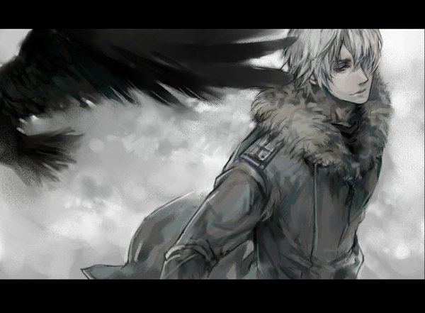 Anime picture 1000x735 with original shibue single short hair blue eyes blonde hair sky wind flying boy animal bird (birds) coat crow