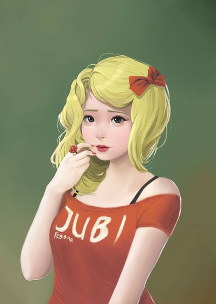 Anime picture 1197x1683 with original mio (jubi) jubi (regiana) single long hair tall image looking at viewer simple background blonde hair bare shoulders signed upper body nail polish black eyes lipstick alternate hairstyle red lipstick hand to mouth red nail polish green background