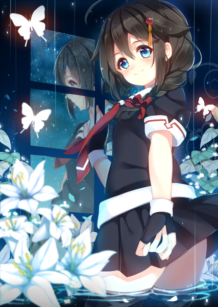 Anime picture 1190x1670 with kantai collection shigure destroyer satomachi tall image looking at viewer blue eyes black hair smile ahoge braid (braids) pleated skirt blurry partially submerged single braid reflection rain sailor collar girl skirt gloves