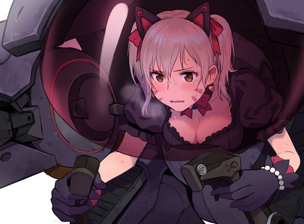 Anime picture 2437x1803 with overwatch blizzard entertainment d.va (overwatch) black cat d.va lino chang single blush fringe highres short hair breasts light erotic blonde hair hair between eyes twintails brown eyes animal ears looking away cleavage cat ears