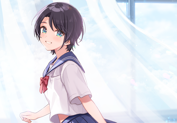 Anime picture 3632x2536 with virtual youtuber hololive oozora subaru shigure ui single looking at viewer blush fringe highres short hair blue eyes black hair smile standing absurdres indoors pleated skirt grin girl skirt