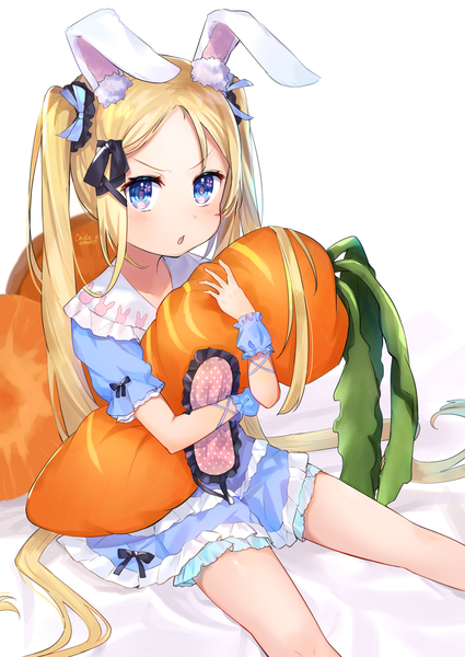 Anime picture 1003x1416 with original omelet tomato single long hair tall image looking at viewer blush fringe open mouth blue eyes simple background blonde hair white background sitting twintails holding signed animal ears payot short sleeves