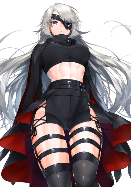Anime picture 900x1288 with original lydia macarthur waka (shark waka) single long hair tall image fringe breasts blue eyes light erotic simple background standing white background payot looking away silver hair long sleeves from below midriff floating hair