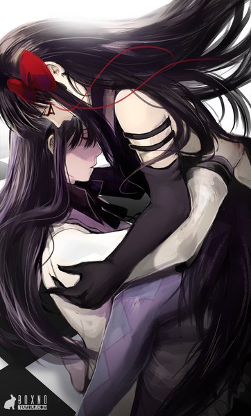 Anime picture 700x1160 with mahou shoujo madoka magica shaft (studio) akemi homura akuma homura boxno long hair tall image black hair red eyes signed eyes closed demon girl dual persona magical girl girl dress gloves bow hair bow black gloves