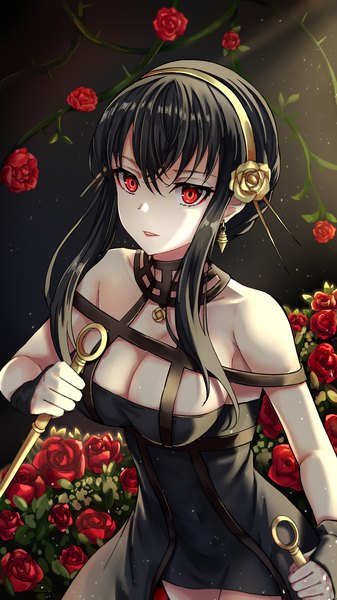 Anime-Bild 1125x2000 mit spy x family yor briar rinse 7 single long hair tall image looking at viewer blush fringe breasts light erotic black hair hair between eyes red eyes large breasts standing bare shoulders holding cleavage parted lips