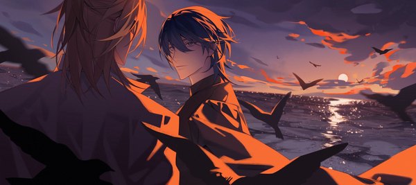 Anime picture 2048x912 with fire emblem fire emblem: three houses nintendo byleth (fire emblem) dimitri alexandre blaiddyd byleth (male) (fire emblem) lynnn28208524 fringe highres short hair blue eyes blonde hair hair between eyes wide image blue hair looking away sky cloud (clouds) upper body outdoors
