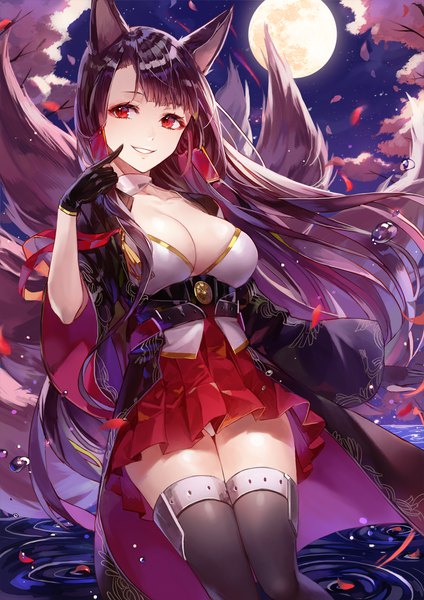 Anime picture 800x1132 with azur lane akagi (azur lane) kim eb single tall image looking at viewer fringe breasts light erotic black hair smile red eyes large breasts standing animal ears sky cleavage outdoors tail blunt bangs