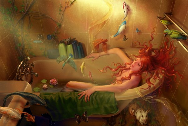 Anime picture 1920x1291 with original emilia paw single long hair highres light erotic eyes closed orange hair wavy hair girl plant (plants) animal water bird (birds) insect butterfly fish (fishes) branch bunny room