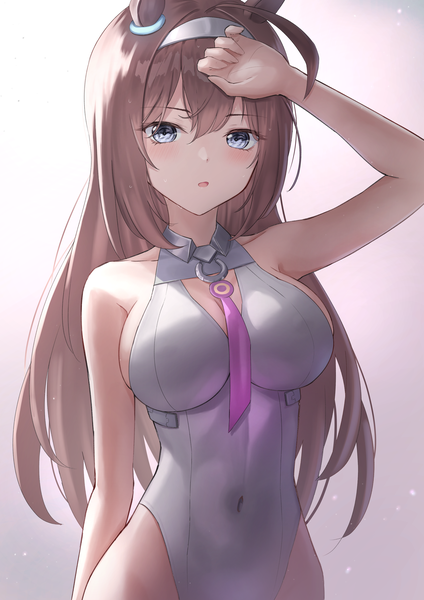 Anime picture 4961x7016 with umamusume mihono bourbon (umamusume) marinesnow single long hair tall image looking at viewer blush fringe highres breasts open mouth blue eyes light erotic simple background brown hair large breasts standing bare shoulders animal ears