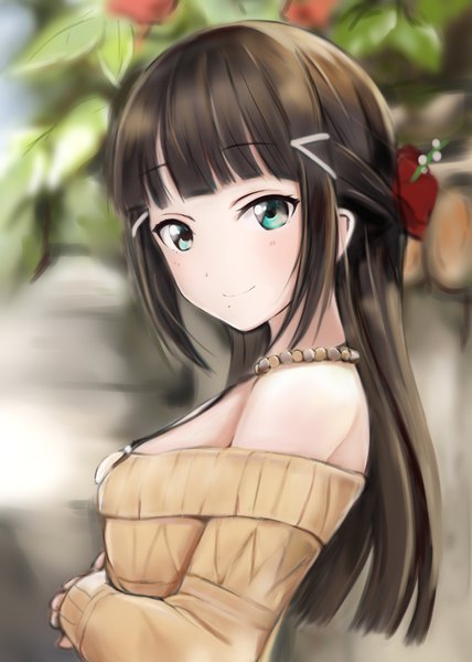 Anime picture 714x1000 with love live! sunshine!! sunrise (studio) love live! kurosawa dia nannacy7 single long hair tall image looking at viewer blush fringe breasts black hair smile standing bare shoulders payot upper body outdoors blunt bangs