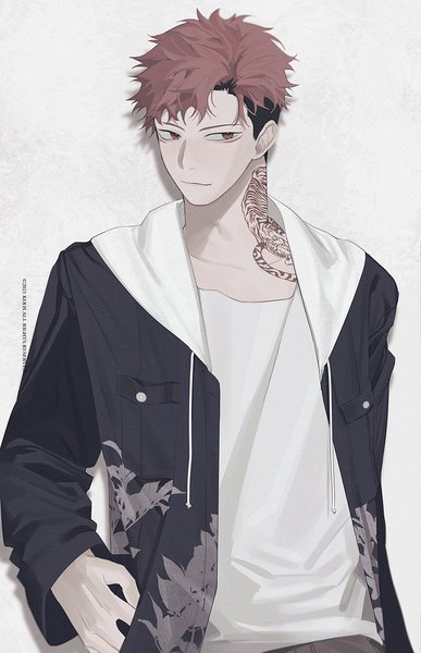Anime picture 900x1394 with jujutsu kaisen mappa itadori yuuji k00s single tall image short hair simple background white background looking away pink hair upper body pink eyes multicolored hair open clothes two-tone hair tattoo hand in pocket fashion boy
