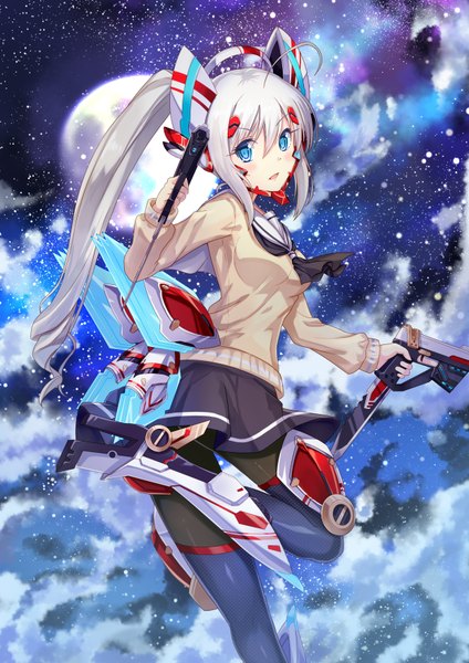 Anime picture 2480x3508 with original dance of eternity single long hair tall image looking at viewer blush highres open mouth blue eyes smile twintails silver hair cloud (clouds) bent knee (knees) pleated skirt looking back night high heels night sky