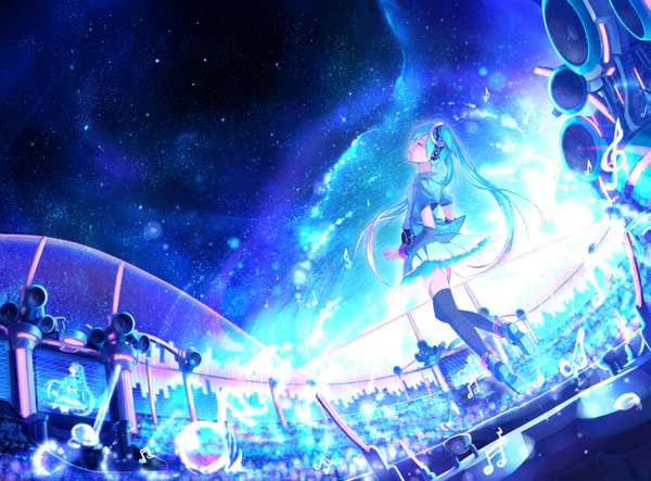 Anime picture 1757x1298 with vocaloid hatsune miku akama zenta single long hair highres blue hair eyes closed profile night sky light treble clef girl thighhighs black thighhighs miniskirt star (stars) musical note