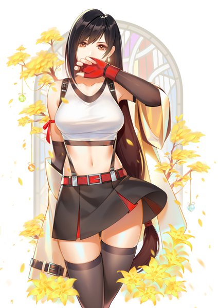 Anime picture 1767x2500 with final fantasy final fantasy vii square enix tifa lockhart louis hung single long hair tall image looking at viewer fringe highres breasts black hair simple background hair between eyes brown hair large breasts standing brown eyes head tilt