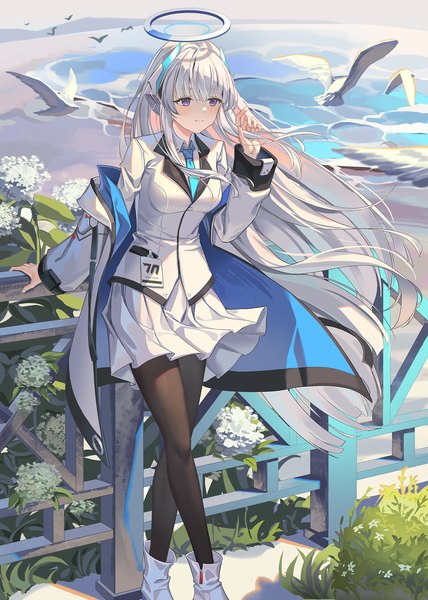 Anime picture 1357x1901 with blue archive noa (blue archive) al guang single tall image fringe purple eyes looking away silver hair full body blunt bangs very long hair light smile wind beach crossed legs (standing) girl flower (flowers) animal pantyhose