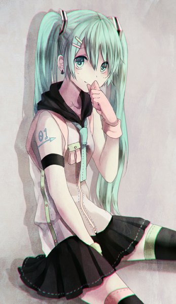 Anime picture 579x1000 with vocaloid hatsune miku nonoharak single long hair tall image looking at viewer fringe smile sitting twintails pleated skirt aqua hair tattoo alternate costume zettai ryouiki girl thighhighs skirt gloves