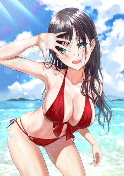 Anime picture 2605x3684 with original tooku0 single long hair tall image looking at viewer blush fringe highres breasts open mouth light erotic black hair smile large breasts standing green eyes sky cleavage cloud (clouds)