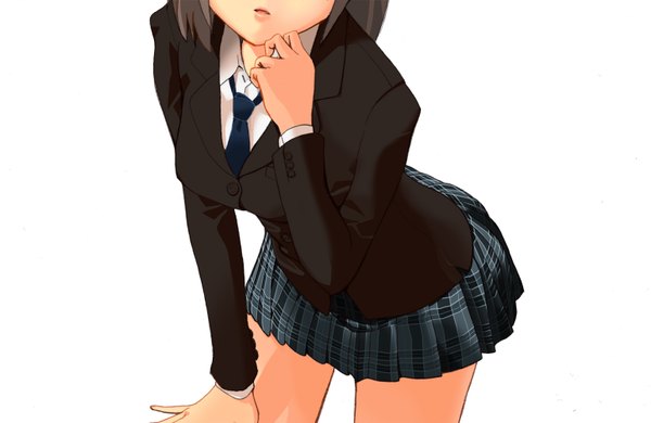 Anime picture 1538x1000 with original fujita (condor) single short hair open mouth simple background brown hair standing white background pleated skirt head out of frame girl skirt uniform school uniform miniskirt shirt necktie
