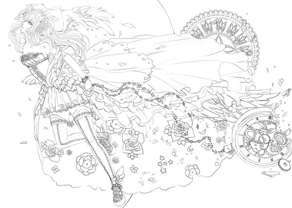 Anime picture 1000x713 with original abigail diaz single long hair profile monochrome jumping running destruction lineart girl thighhighs dress flower (flowers) wings clock pocket watch gears