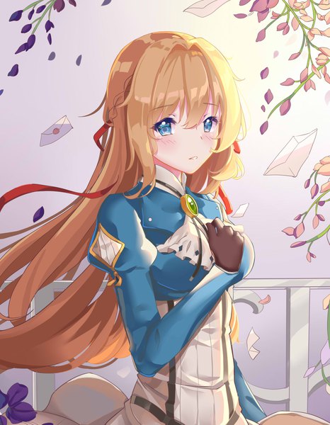 Anime picture 1653x2125 with violet evergarden kyoto animation violet evergarden (character) binan xian lu single long hair tall image blush fringe blue eyes blonde hair hair between eyes upper body wind girl dress gloves flower (flowers) ribbon (ribbons) hair ribbon