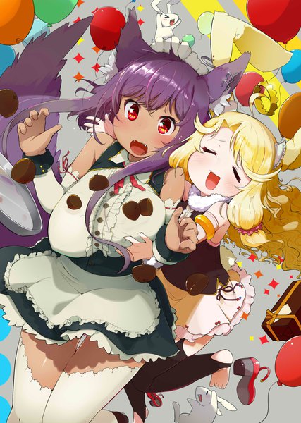 Anime picture 1280x1799 with original yagami ryouichi long hair tall image breasts open mouth light erotic blonde hair red eyes white background multiple girls animal ears purple hair tail eyes closed animal tail grey background maid bunny ears huge breasts