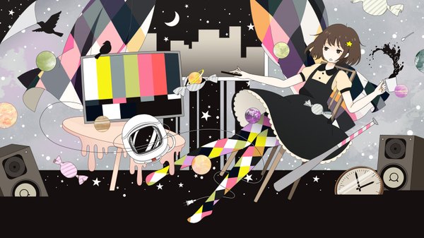 Anime picture 1600x900 with satou odori (super normal) single short hair brown hair wide image night night sky city cityscape crescent space falling girl dress hair ornament animal pantyhose window bird (birds) star (symbol)