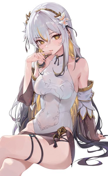 Anime picture 3000x4884 with original sssong aa single long hair tall image looking at viewer fringe highres breasts light erotic simple background hair between eyes white background sitting bare shoulders yellow eyes silver hair multicolored hair fingernails arm support