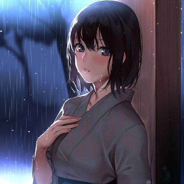 Anime picture 1000x1000 with original deras single looking at viewer blush fringe short hair black hair hair between eyes upper body outdoors nail polish traditional clothes parted lips japanese clothes fingernails lips blurry wide sleeves wet