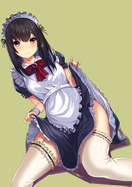 Anime picture 1447x2047 with original kagematsuri single long hair tall image looking at viewer blush fringe light erotic black hair simple background brown eyes maid skirt lift green background girl thighhighs uniform white thighhighs headdress