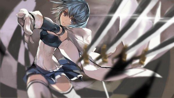 Anime picture 1322x743 with mahou shoujo madoka magica shaft (studio) miki sayaka swd3e2 single looking at viewer short hair wide image holding aqua eyes aqua hair depth of field dual wielding checkered magical girl girl thighhighs skirt gloves weapon
